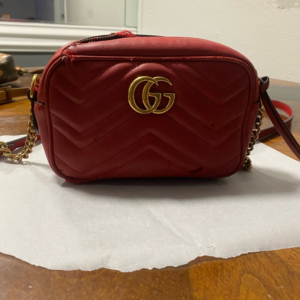 Gucci Red Chevron Crossbody Bag with Gold Details